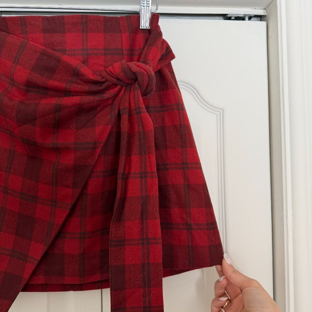 Red Plaid Wool Wrap Skirt – High-Waisted Mini Skirt - Picture 2 of 6